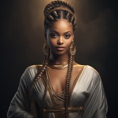  african american woman with long braids and multiple necklaces poses