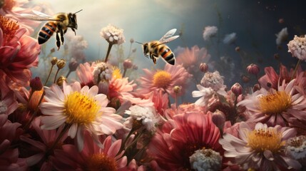 Close up bee flies near a flower collecting nectar in spring and summer	
 - obrazy, fototapety, plakaty