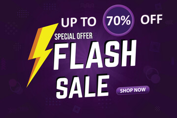 Flash sale purple background, text effect Special offer up to 70% Off, Shop Now Text with flash icon, text style isolated vector 