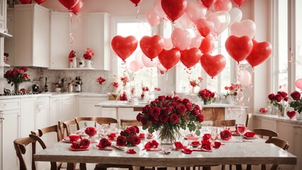 Interior of light kitchen with heart-shaped balloons and bouquet of roses on dining table. Valentine's Day celebration. Generative AI