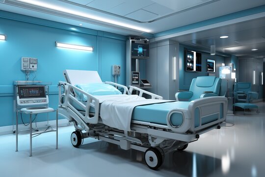 single, Isolated in white background, center aligned, Hospital room with beds .Empty bed and wheelchair in nursing a clinic or hospital