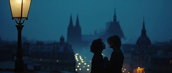  moonlit rooftop in an old European city. Two lovers, a tearful reunion, their silhouettes barely visible against the backdrop of gothic spires.  © HelloStonehenge