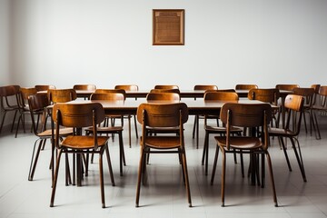 single, Isolated in white background, center aligned, School classroom in blur background without young student; Blurry view of elementary class room no kid or teacher with chairs and tables in campus - obrazy, fototapety, plakaty