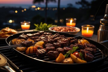 Picanha succulent on the grill, in a barbecue by the pool with waterfront sun loungers and bright palm trees at night, under the moonlight and a soft