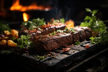 Picanha juicy on the grill, in a barbecue by the pool with night lighting., generative IA