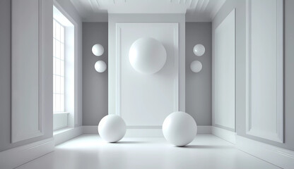 Fototapeta na wymiar A white room with three white balls on the wall