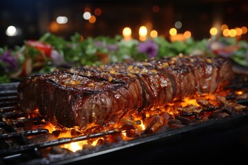 Picanha juicy on the grill, in a barbecue by the pool with night lighting., generative IA