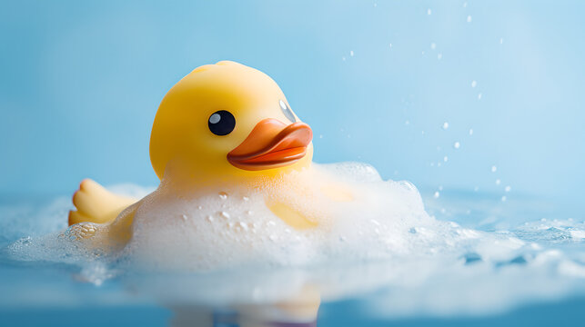 close up of adorable yellow rubber duck swimming in water before a light blue background with soap bubbles	
