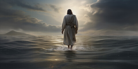 Jesus Walks on Water, miracle of Jesus Christ the saviour and redeemer on the ocean with golden light and white robe