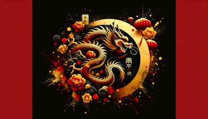 Lunar New Year 2024 illustration for the year of the dragon in splatter paint style.