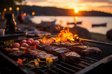 Successional picanha on the grill, in a barbecue by the lake with bonfire., generative IA