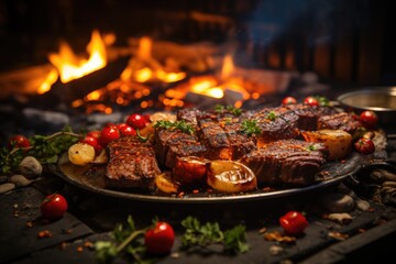 Picanha juicy on the grill, in a rustic barbecue in the field with fire and live guitar on a starry...