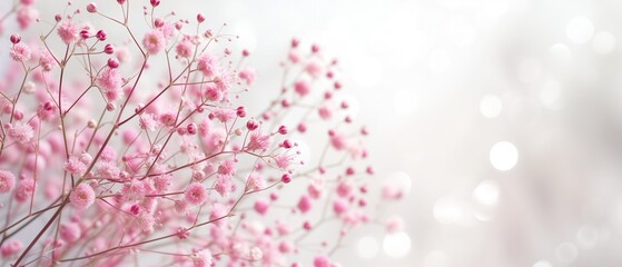 Pink elegant baby breathe blooming flowers, gypsophila with blurred background for elegant, romantic floral cards. Celebrate season, wedding, spring, love. Elegant, luxury, card, banner, web. - obrazy, fototapety, plakaty
