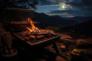 Successional picanha on the grill, in a rustic barbecue in the field with fire and live guitar on a...