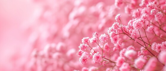 Close-up pink elegant baby breathe blooming, gypsophila with blurred background for elegant, romantic floral cards. Celebrate season, wedding, spring, love. Elegant, luxury, card, banner, web.