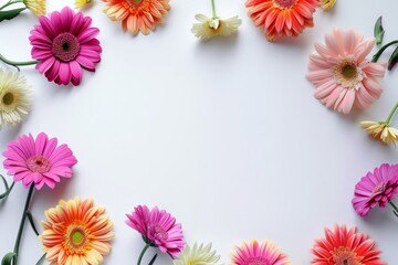 Fototapeta premium Spring and summer different flowers create a frame on a light background with copy space. Concept of spring, international women's day, Valentine's day