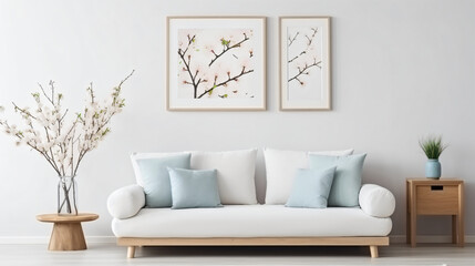 Fototapeta premium Modern spring scandinavian living room interior, sofa, interior, room, furniture, couch, home, wall, design, living, comfortable, house, floor, leather, seat, apartment, 3d, chair, indoors, lounge