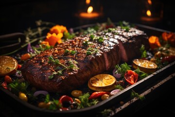 Succulent grilled picanha perfection, surrounded by fresh herbs, in an outdoor barbecue with animated friends., generative IA