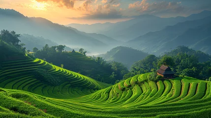 Fototapete Reisfelder Green rice terrace field at Pa Pong Piang village in Chiang Mai, Thailand