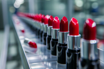 Crimson lipsticks with sleek black casings are neatly aligned on a production conveyor, beauty industry's precision. perfect for use in fashion and manufacturing content.