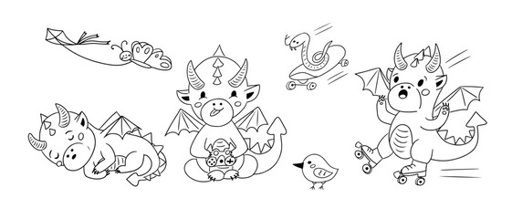 Hand drawn sketch outline set with kawaii dragon