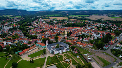 Fototapeta na wymiar Aeriel of the old town of the city Ohrdruf in Germany on a late summer day 