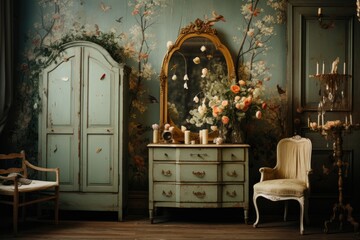 Vintage scenario with old furniture and retro wallpaper., generative IA - obrazy, fototapety, plakaty