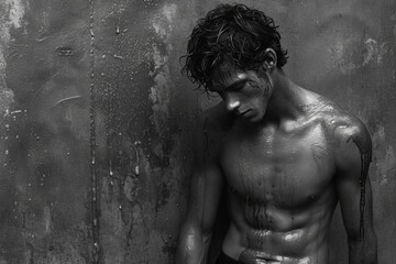 Stylish black and white close-up portrait of a young male shirtless bodybuilder. Teenage athlete with drops of water on the body against textured concrete wall.