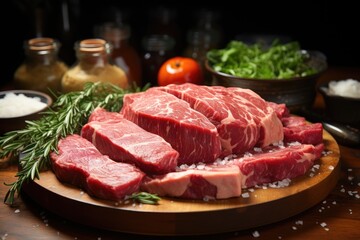 Superior view slices of fresh meat raw meat in a wooden round table in the kitchen of animal food of freshness of dark food, generative IA