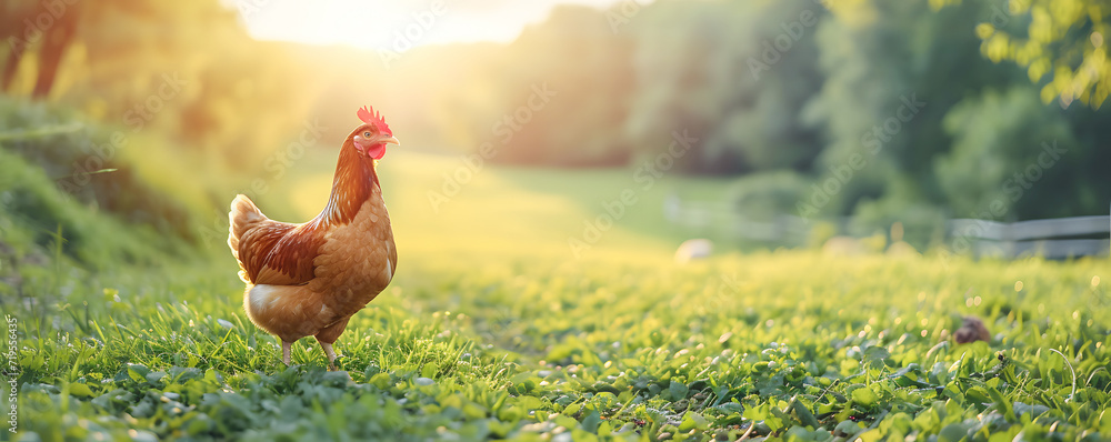 Wall mural one brown hen walking on green grass in farm field for grazing at sunset. domestics birds and poultr