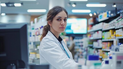 Female healthcare worker working in pharmacy store checkout counter