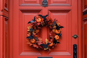 Fototapeta na wymiar A Halloween themed wreath on a front door with bats, spiders, and pumpkins Autumn wreath decorating front door