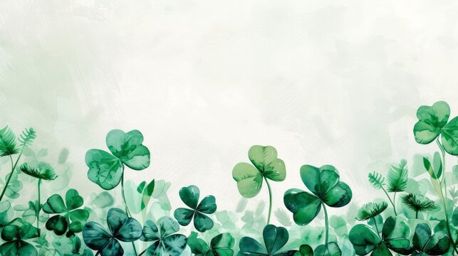 Watercolor green clovers on a white background with copy space for your text. Celebration of Saint Patrick's dat on march in Ireland, traditional spring holiday of luck and fortune	