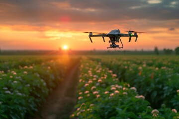 Fototapeta na wymiar Close-up of agricultural drone flying over vast wheat field. Bright setting sun above the horizon. Using quadcopters for crop monitoring and spraying. Smart farming and precision agriculture.