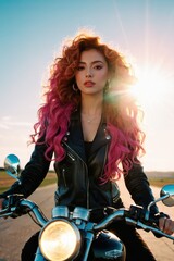 Fototapeta na wymiar A beautiful woman with pink hair is sitting on a motorcycle.