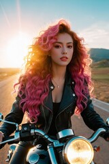 Fototapeta na wymiar A woman with pink hair sits on a motorcycle.
