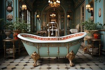 Fototapeta na wymiar Vintage bathroom Bathtub of feet, ornate mirrors and retro details., generative IA