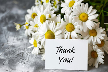 Obraz premium Gratitude Blooms. A bouquet of fresh daisies alongside a 'Thank You' card..