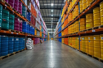 Logistic warehouse with barrels for chemical storage. Plastic and metal tanks on racks. Storage area in industrial building. Hangar with multi-tier pallet racks.
