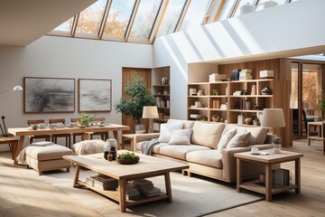 Scandinavo Loft Light wood, functional furniture and natural light in harmony., generative IA
