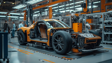 Engineers are busy assembling an electric sports car for racing on the track and in tournaments. The process of assembling a car in the design department of racing cars - obrazy, fototapety, plakaty
