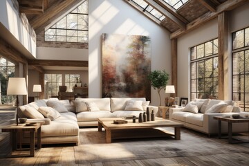 Modern minimalist loft with neutral tones and elegant furniture, illuminated by large windows., generative IA