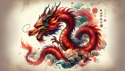 Fototapeta premium Watercolor painting of a red chinese dragon to celebrate the lunar new year.