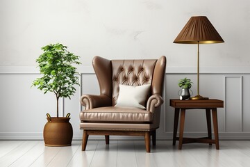 Isolated in white background, center aligned, Vintage room,black leather wing chair with wood table and gold floor lamp ,3d render