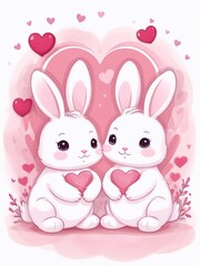 Beautiful Happy Valentine's Day holiday art, greeting card design with two cute kawaii cartoon bunnies in love with hearts backgroung. Bunny couple in love with valentines hearts design