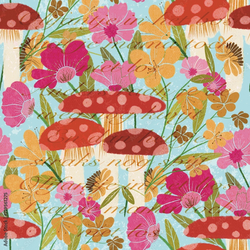 Poster flowers and mushrooms in bright colors and text seamless repeat pattern print background
