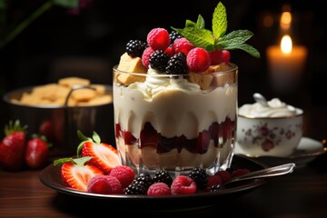 Shootic pudding in a glass glass with fruits and berries. high quality photo, generative IA