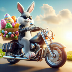 A cool bunny in sunglasses rides a classic motorcycle, with a basket of colorful Easter eggs secured on the back, cruising under the bright and sunny sky.