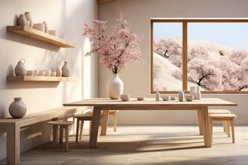 Scandinavian scene clear table, simple chairs and natural elements in serene dining room., generative IA