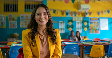 Latina teacher in a classroom surrounded by children on a class day, Teacher's Day